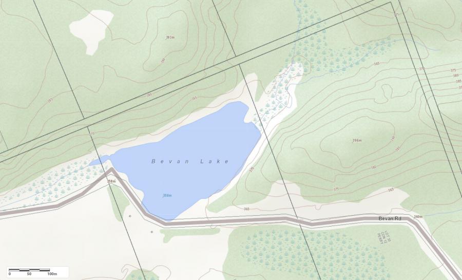 Topographical Map of Bevan Lake in Municipality of Perry and the District of Parry Sound
